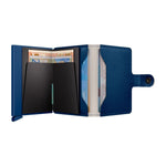 Blue Secrid wallet with card slots and money clip on a white background