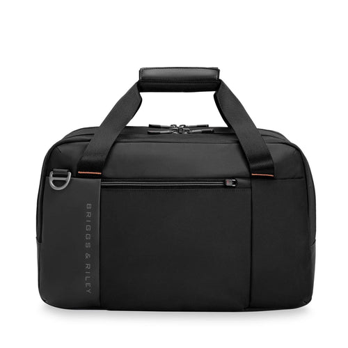 Black Briggs & Riley duffel bag with handle and shoulder straps on a white background