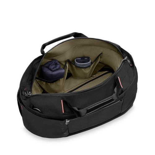 Black Briggs travel duffel bag with interior compartments on a white background