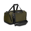 Green Briggs & Riley duffel bag with black straps on a white background