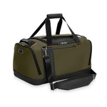Green Briggs & Riley duffel bag with black straps on a white background