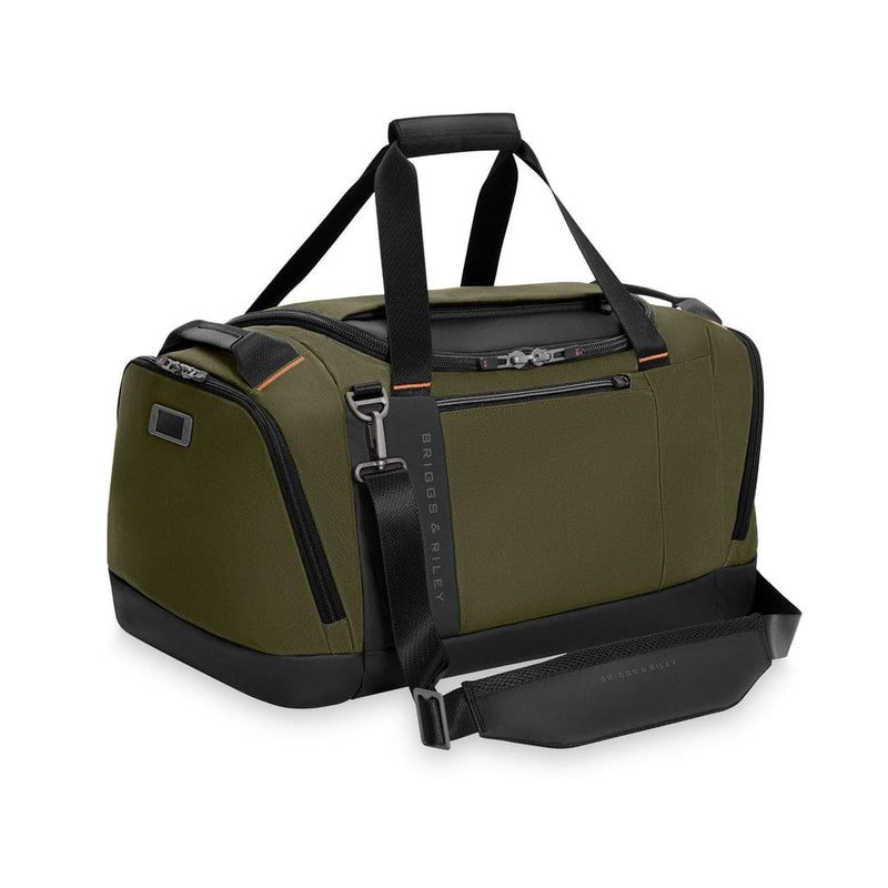 Green Briggs & Riley duffel bag with black straps on a white background