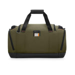 Green Briggs & Riley duffel bag with black accents on a white background