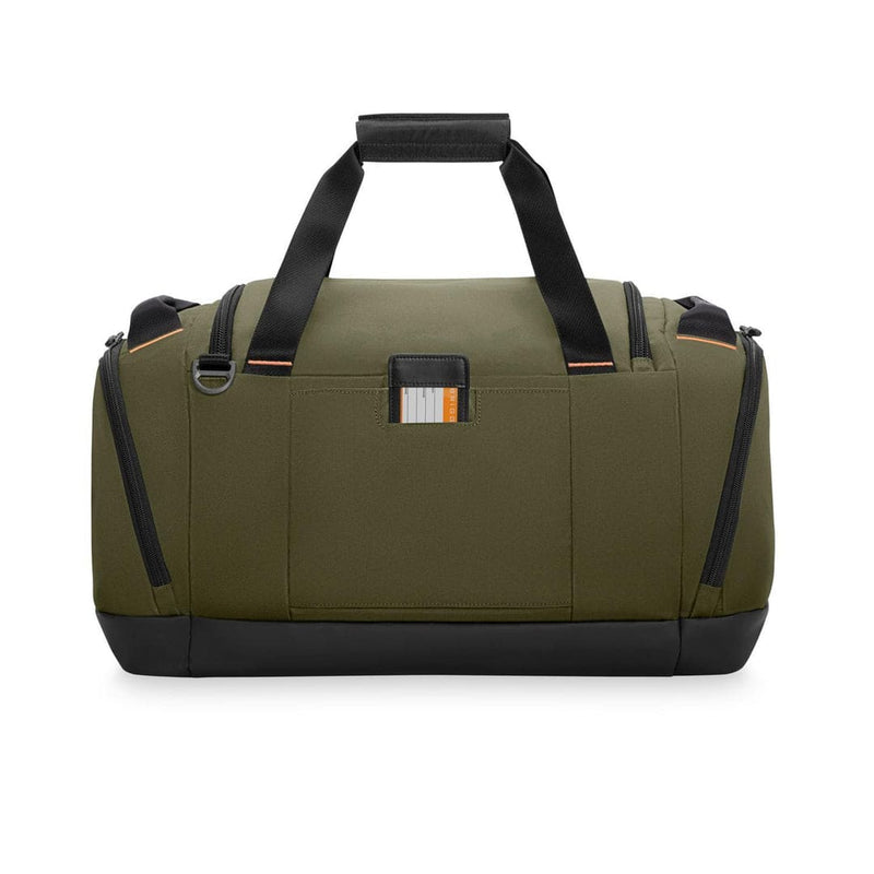 Green Briggs & Riley duffel bag with black accents on a white background