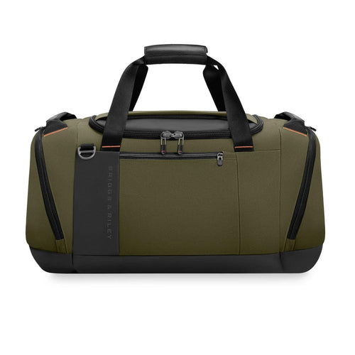 Green Briggs & Riley duffel bag with black accents on a white background