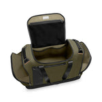 Green Briggs & Riley duffel bag with open top on a white background