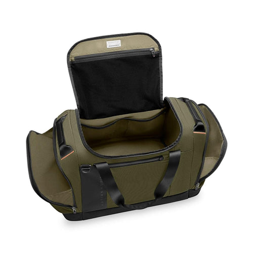Green Briggs & Riley duffel bag with open top on a white background