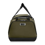 Green Briggs & Riley duffel bag with black accents on a white background