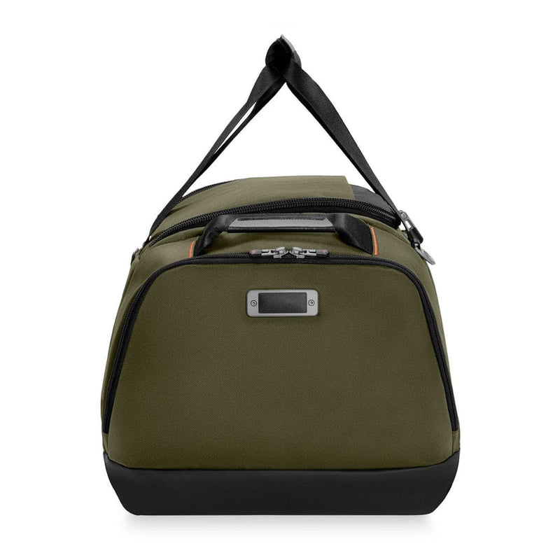 Green Briggs & Riley duffel bag with black accents on a white background