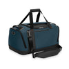 Blue Briggs & Riley duffel bag with black straps on a white background