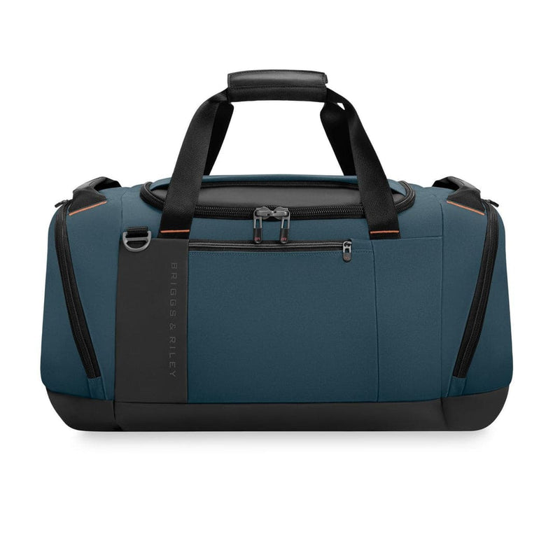 Blue Briggs & Riley duffel bag with black accents on a white background