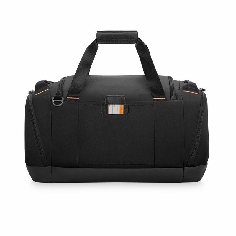 Black Briggs & Riley duffel bag with orange accents on a white background