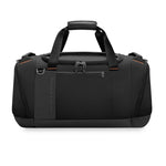 Black Briggs & Riley duffel bag with orange accents on a white background