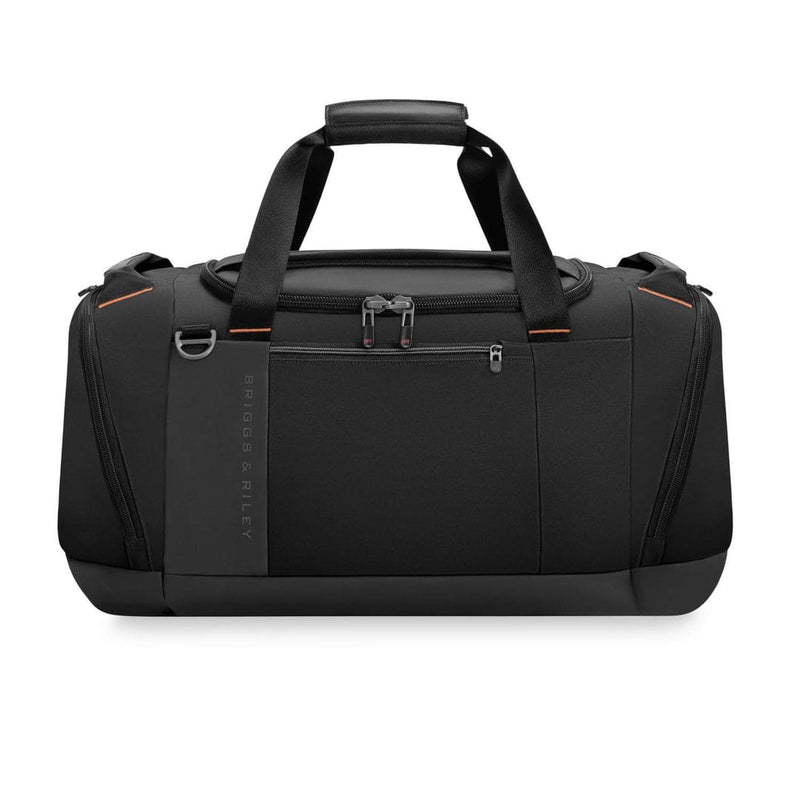 Black Briggs & Riley duffel bag with orange accents on a white background