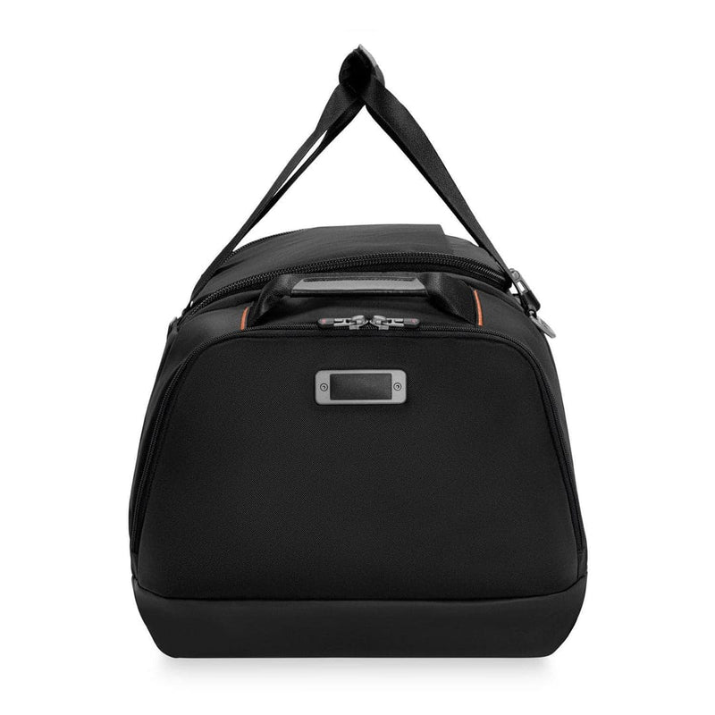 Black Briggs & Riley duffel bag with a visible brand logo on a white background