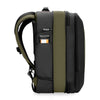 Black and green Briggs & Riley backpack with a pocket on a white background