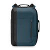 Blue and black Briggs & Riley suitcase with handle and shoulder strap on a white background