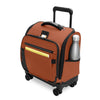 Orange Briggs & Riley suitcase with wheels and a water bottle on a white background