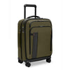 Green Briggs & Riley suitcase with black handle and wheels on a white background