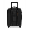 Black Briggs & Riley suitcase with a handle and wheels on a white background