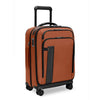 Orange Briggs & Riley suitcase with black accents on a white background