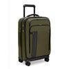 Green Briggs & Riley suitcase with black handle and wheels on a white background