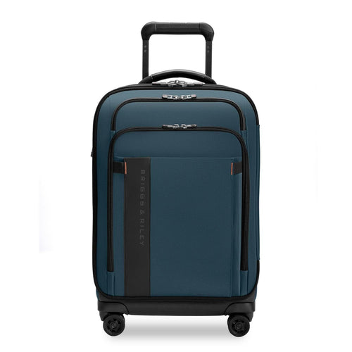 Blue Briggs & Riley suitcase with black accents on a white background