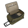 Open green Briggs & Riley suitcase with a white background