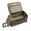 Open green Briggs & Riley  suitcase on a white background