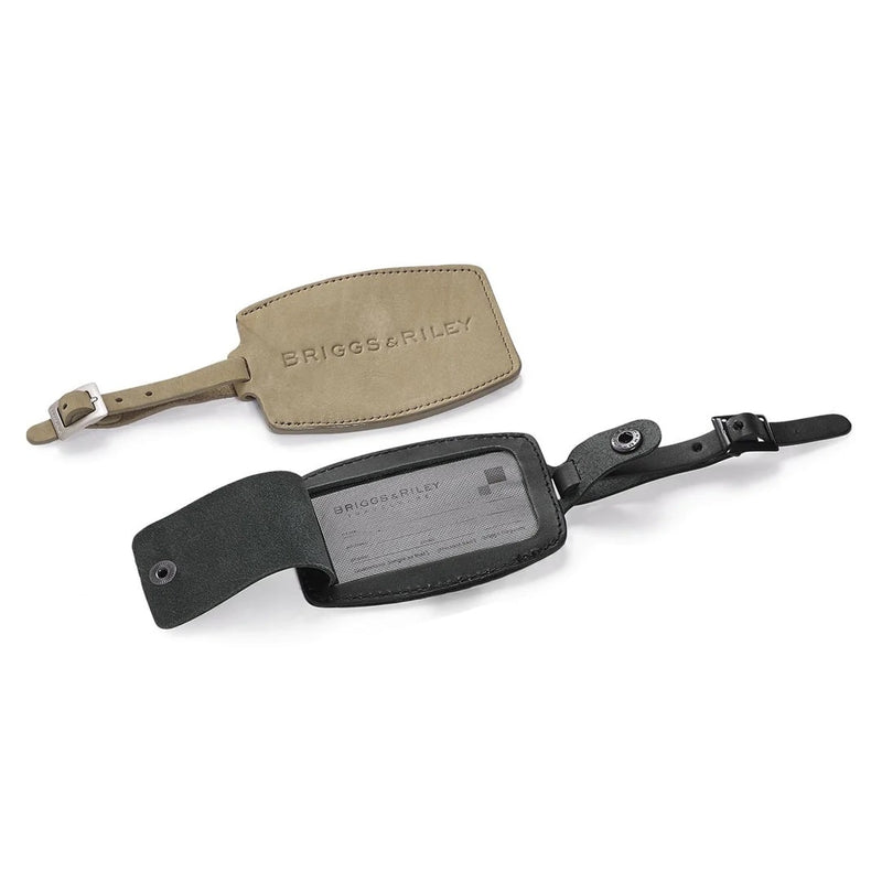 olive and black Briggs Leather Luggage Tags