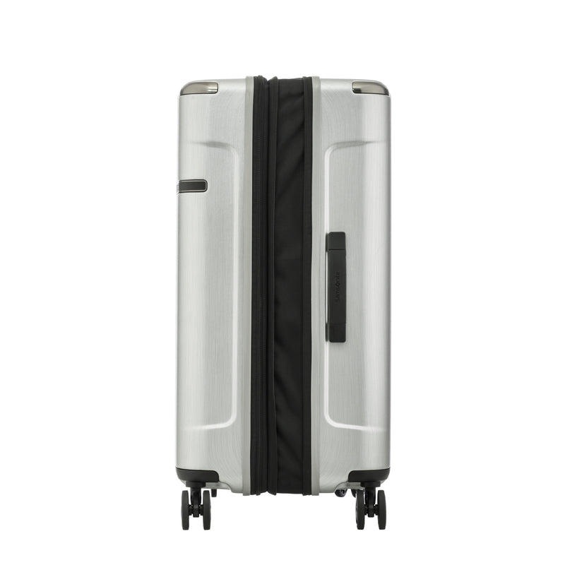 Samsonite Evoa Spinner Medium Expandable in Brushed Silver side view expanded