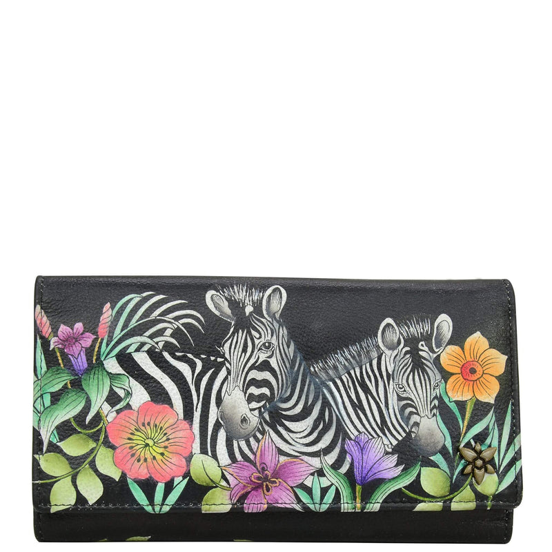 Anuschka Hand Painted Leather Three Fold Wallet in Playful Zebras front