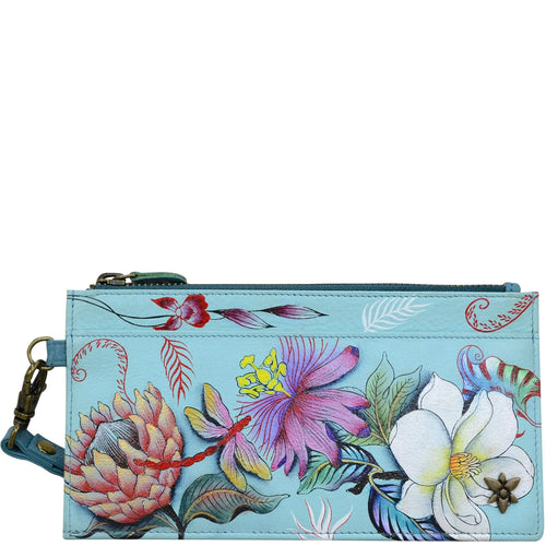 Anuschka Hand Painted Leather Clutch Organizer Wristlet in Jardin Bleu front