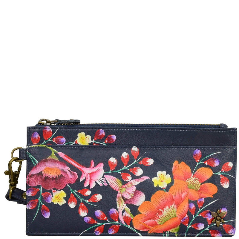 Anuschka Hand Painted Leather Clutch Organizer Wristlet in Moonlit Meadow front