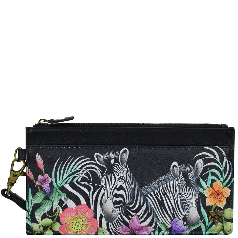 Anuschka Hand Painted Leather Clutch Organizer Wristlet in Playful Zebras front