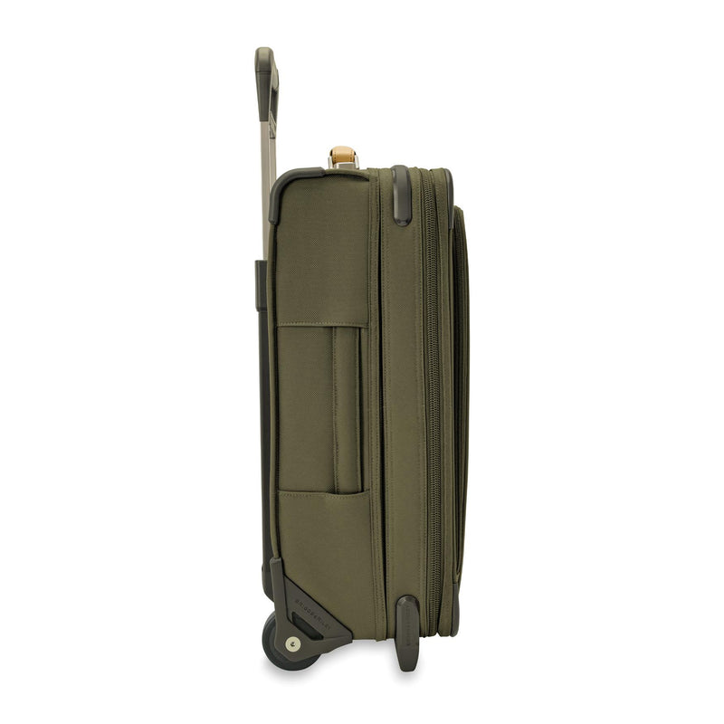 Side of olive Briggs & Riley Baseline Essential 2-Wheel Carry-On
