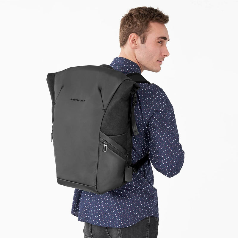 Briggs & Riley Delve Large Roll-Top Backpack in Black on model