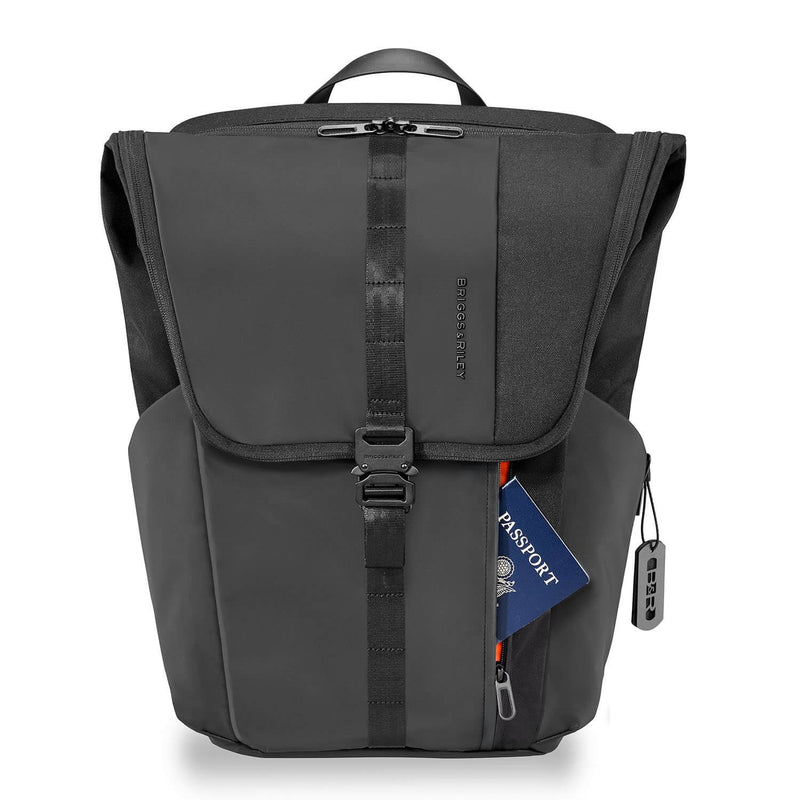 Briggs & Riley Delve Large Fold-Over Backpack in Black front pocket
