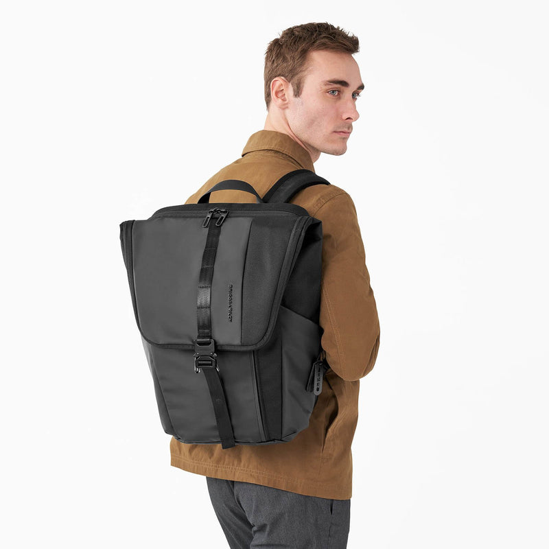 Briggs & Riley Delve Large Fold-Over Backpack in Black on model