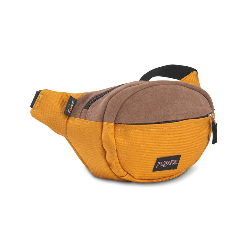 JanSport Fifth Ave Suede Fanny Pack in English Mustard side view