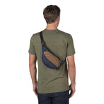 JanSport Fifth Ave Suede Fanny Pack in Navy on model