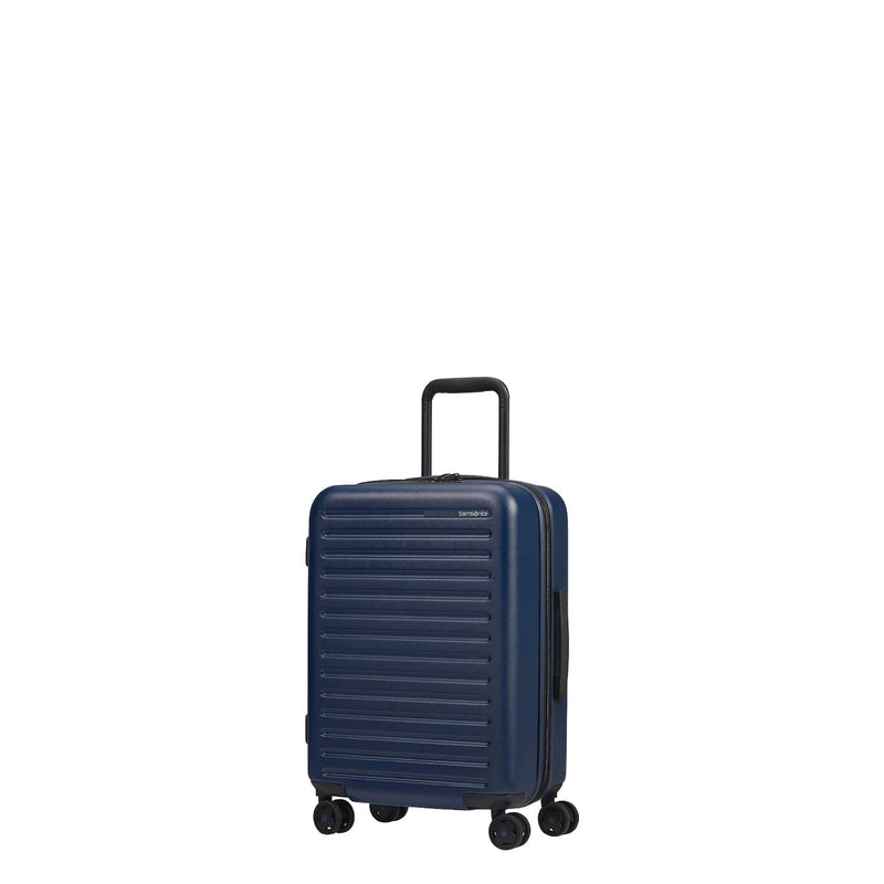 Front of navy Samsonite Stackd Spinner Carry-on Expandable
