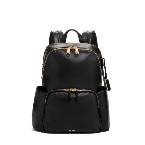 Front of black-gold TUMI Voyageur Ruby Leather Backpack
