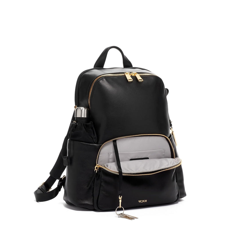 Front pocket of black-gold TUMI Voyageur Ruby Leather Backpack