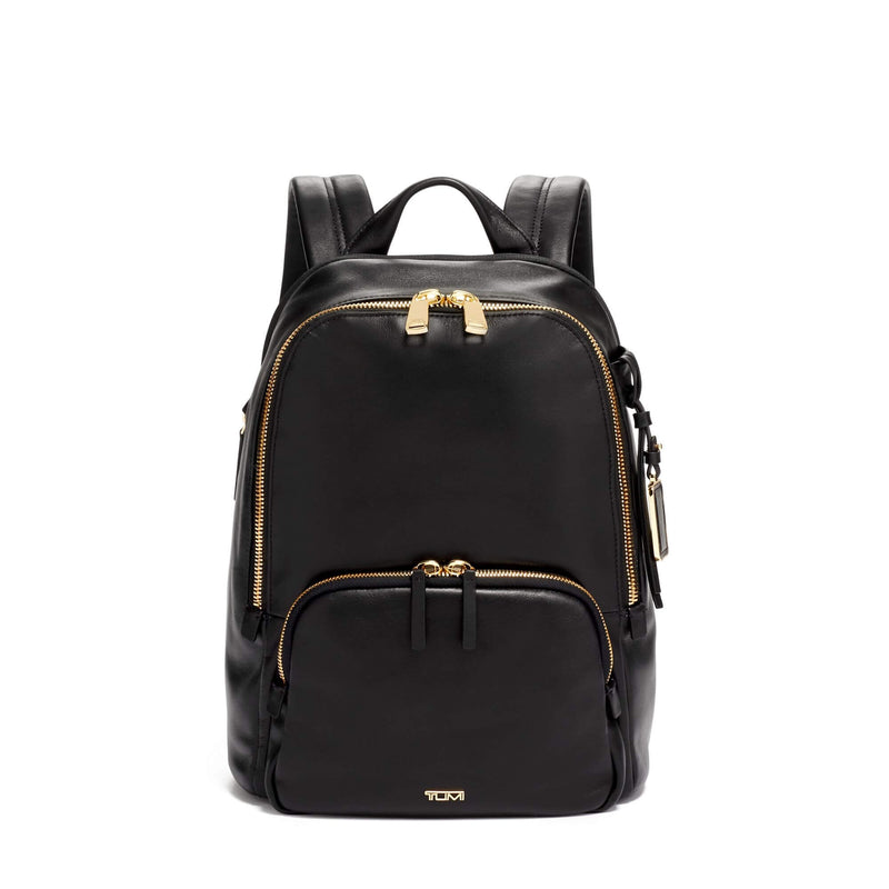 front of black-gold TUMI Voyageur Hannah Women's Leather Backpack