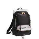 front pocket of black-gold TUMI Voyageur Hannah Women's Leather Backpack