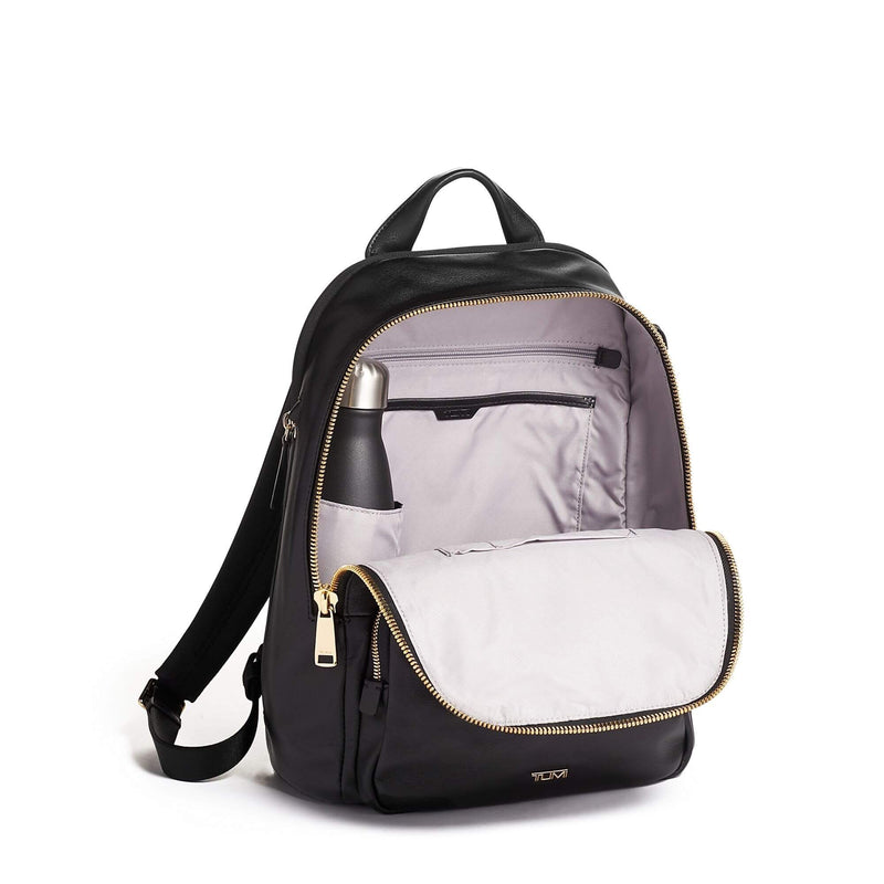 inside of black-gold TUMI Voyageur Hannah Women's Leather Backpack