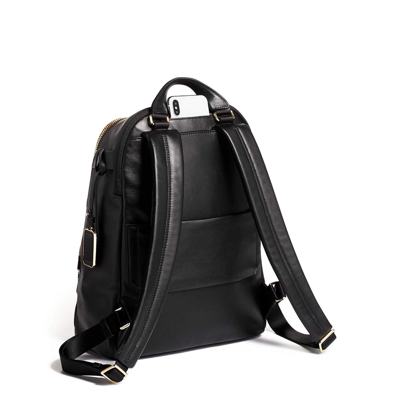 back of black-gold TUMI Voyageur Hannah Women's Leather Backpack