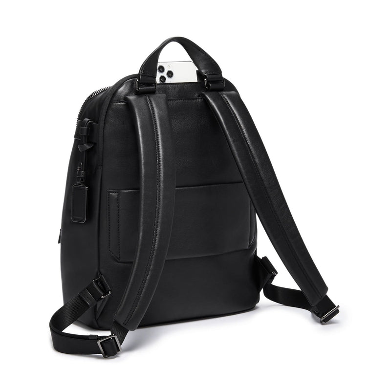 Back of black-gunmetal TUMI Hannah Leather Backpack